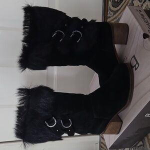 Bear Paw Black Suede Boots w/ Fur Trim